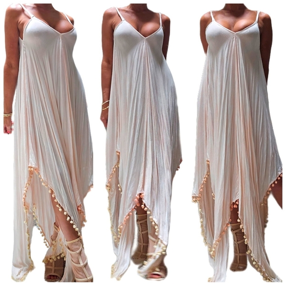 GORGEOUS Pastel Ombre Pink Linen Long Scarf Dress Maxi Retro Puff Ball Trim - Picture 3 of 5